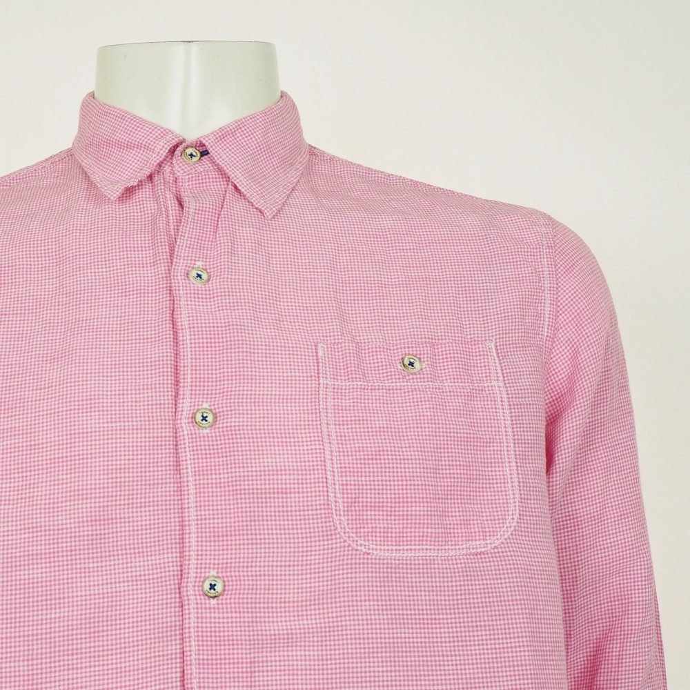 Tommy Bahama Button Down Shirt Mens Medium Pink Striped Sand Check Linen - Picture 2 of 4
